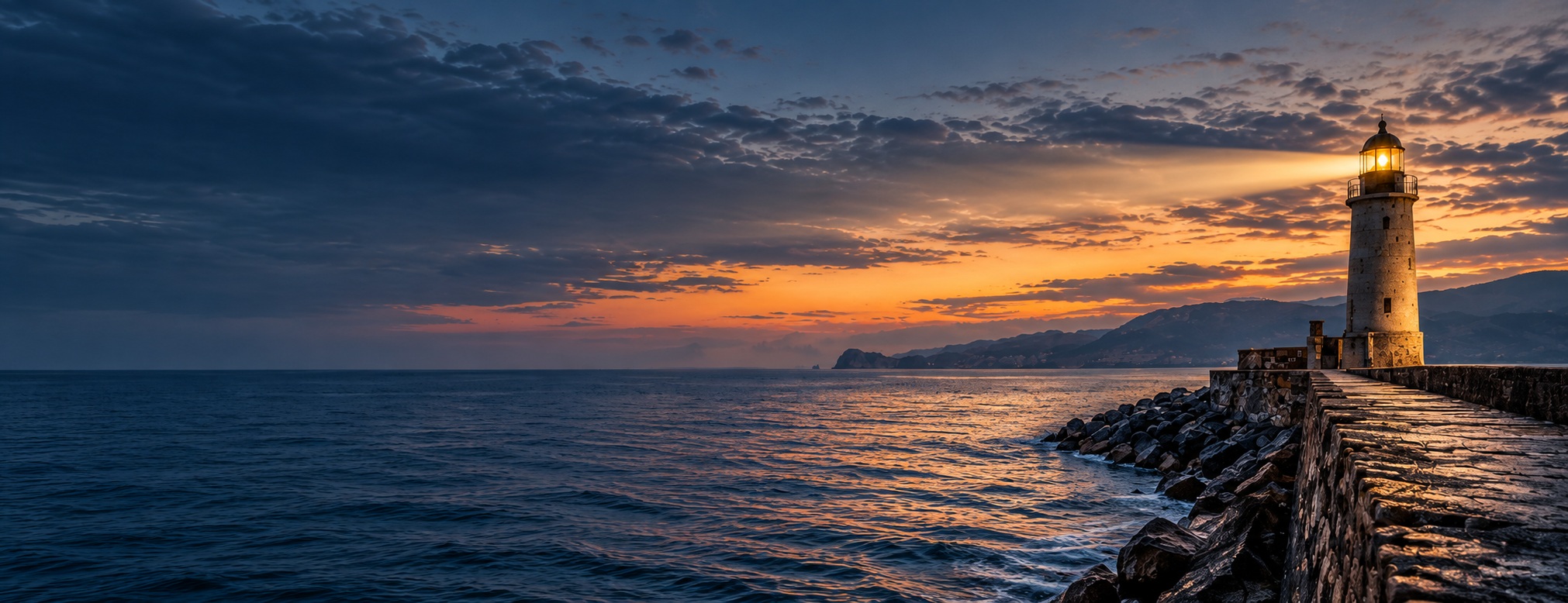 A warm lighthouse beacon shines through the evening mist above a calm harbour and stone breakwater